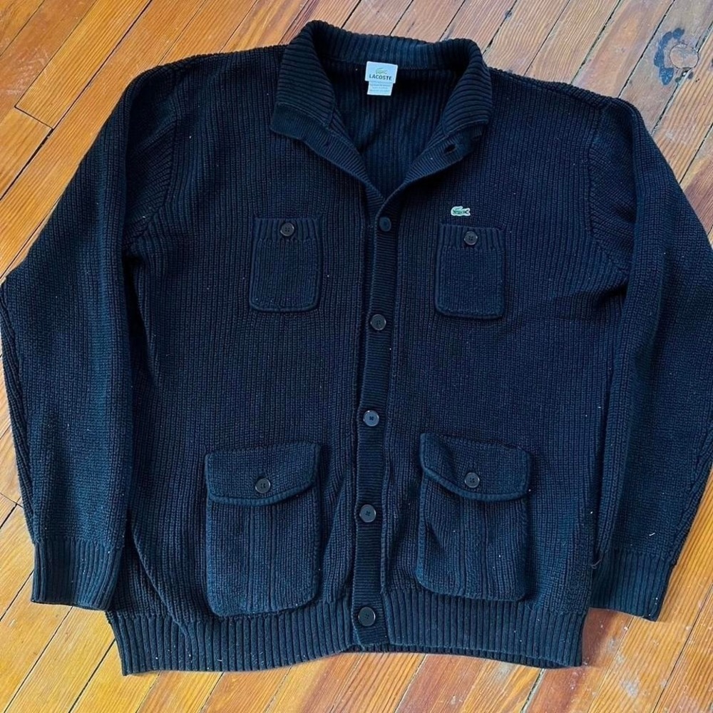 1990s Lacoste Ribbed Knit Black Multi Pocket Cardigan size XL